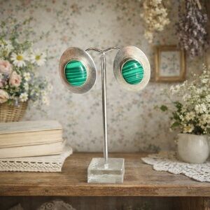 Vintage Silver Malachite Clip On Earrings, Stamped “925 Mexico”